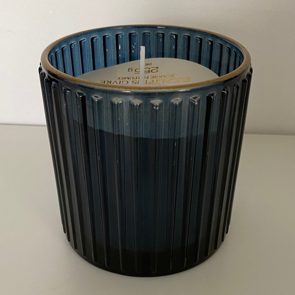 Frosted Eucalyptus Candle in Blue Glass Candle Holder